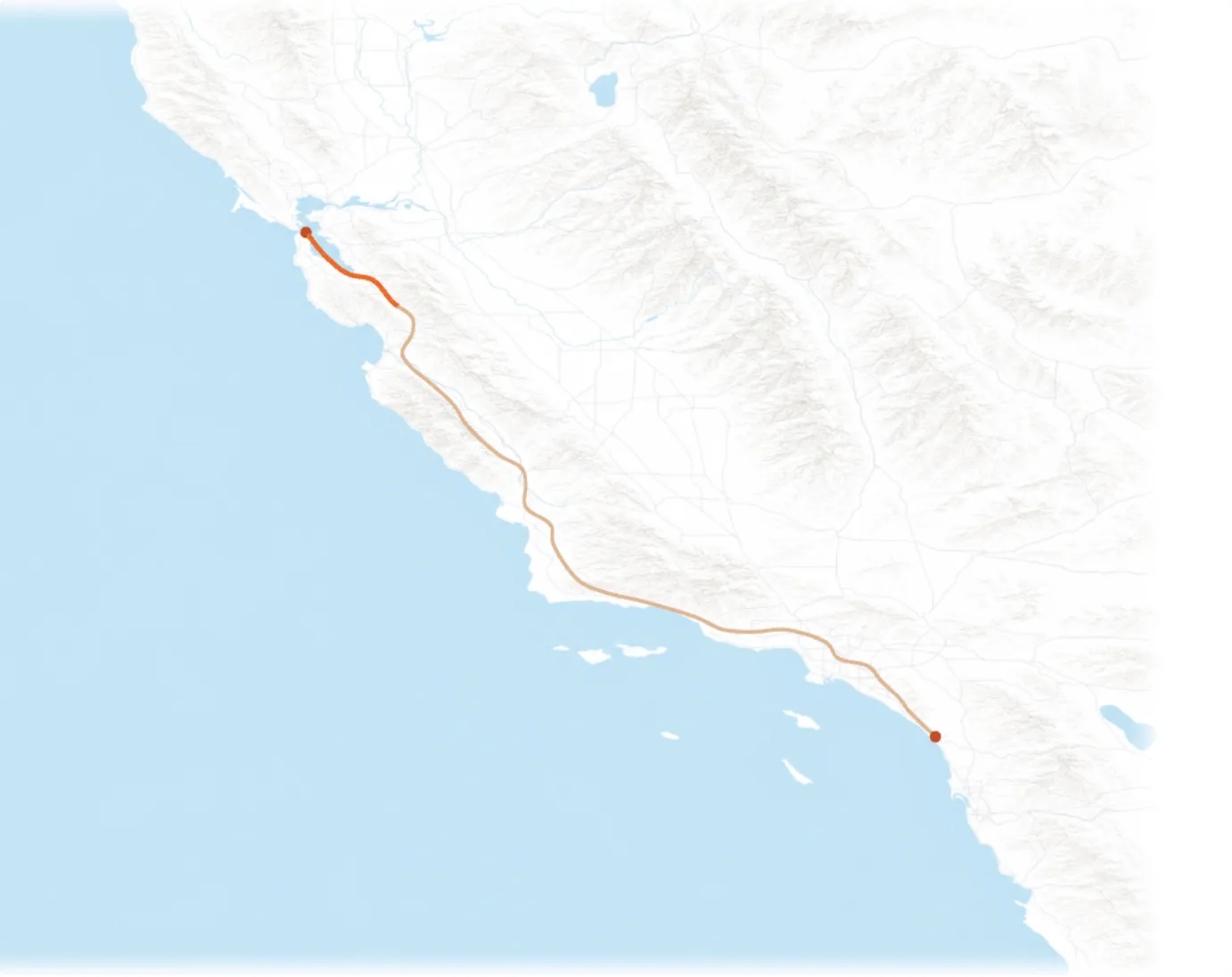 Illustrative map of the route from the Bay Area to Oceanside.